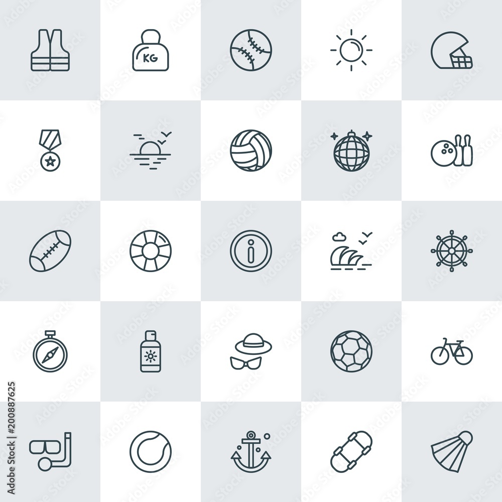 Modern Simple Set of sports, travel Vector outline Icons. ..Contains such Icons as  safety,  scuba, badminton,  rescue, bike,  steel, ring and more on white background. Fully Editable. Pixel Perfect.
