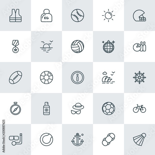 Modern Simple Set of sports, travel Vector outline Icons. ..Contains such Icons as  safety,  scuba, badminton,  rescue, bike,  steel, ring and more on white background. Fully Editable. Pixel Perfect.