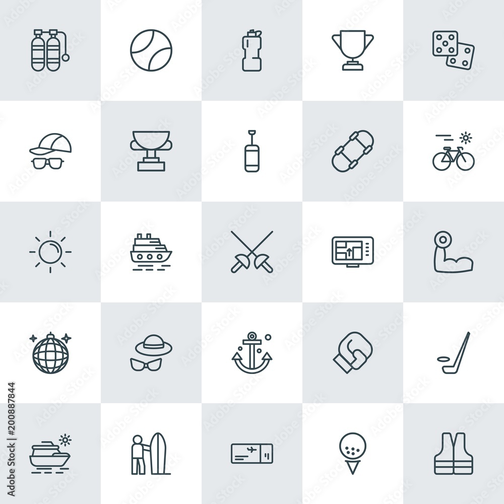 Modern Simple Set of sports, travel Vector outline Icons. ..Contains such Icons as  bottle,  air, life,  surfing,  luxury,  rink, ticket and more on white background. Fully Editable. Pixel Perfect.