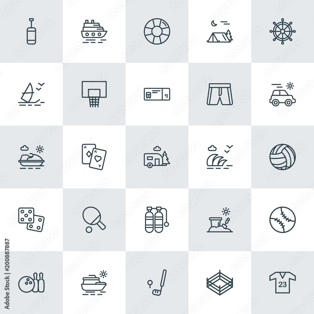 Modern Simple Set of sports, travel Vector outline Icons. ..Contains such Icons as poker, sea,  bowling,  wear,  travel,  sea,  vacation and more on white background. Fully Editable. Pixel Perfect.