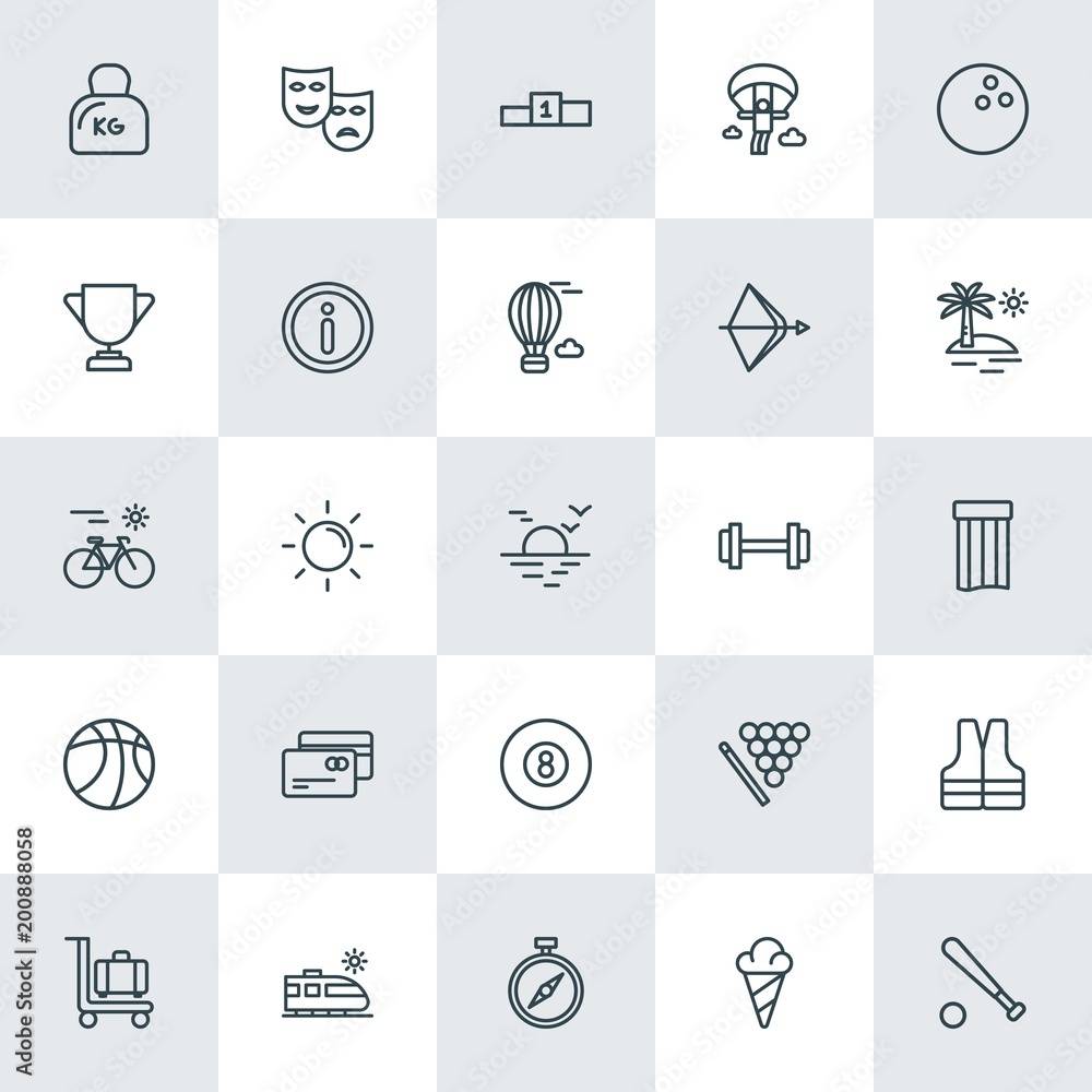 Modern Simple Set of sports, travel Vector outline Icons. ..Contains such Icons as  north, sweet, speed,  trolley, sun,  heavy,  light and more on white background. Fully Editable. Pixel Perfect.