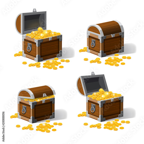 Set piratic trunk chests with gold coins treasures. . Vector illustration. Catyoon style, isolated