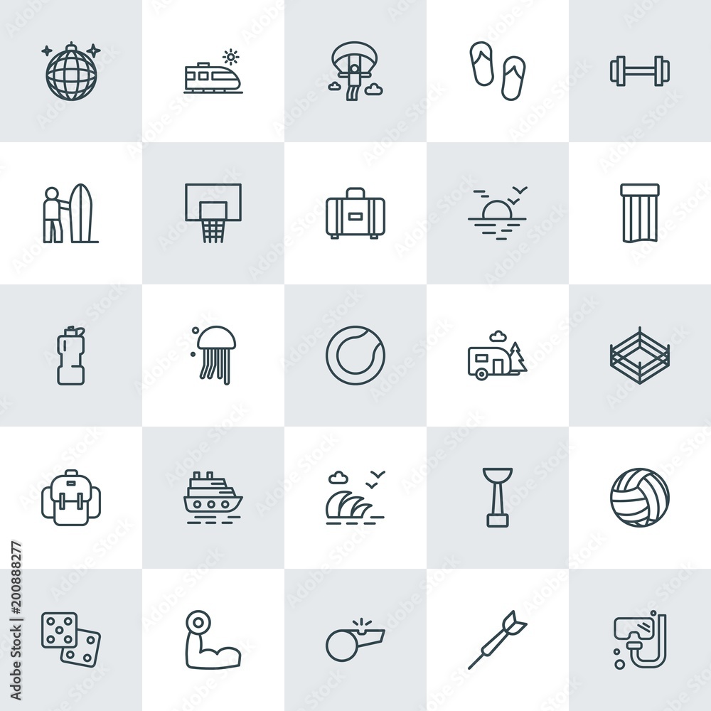 Modern Simple Set of sports, travel Vector outline Icons. ..Contains such Icons as  snorkel, referee, bodybuilder,  paragliding,  animal and more on white background. Fully Editable. Pixel Perfect.
