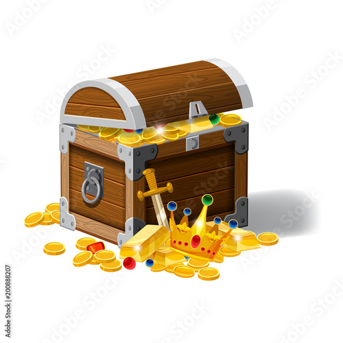 Old pirate chest full of treasures, gold coins, ingots, jewelry, crown, dagger, vector, cartoon style, illustration, isolated. For games, advertising applications
