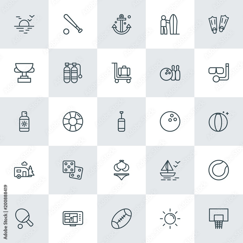 Modern Simple Set of sports, travel Vector outline Icons. ..Contains such Icons as sun, basketball, baseball,  road,  vector, boat,  map and more on white background. Fully Editable. Pixel Perfect.