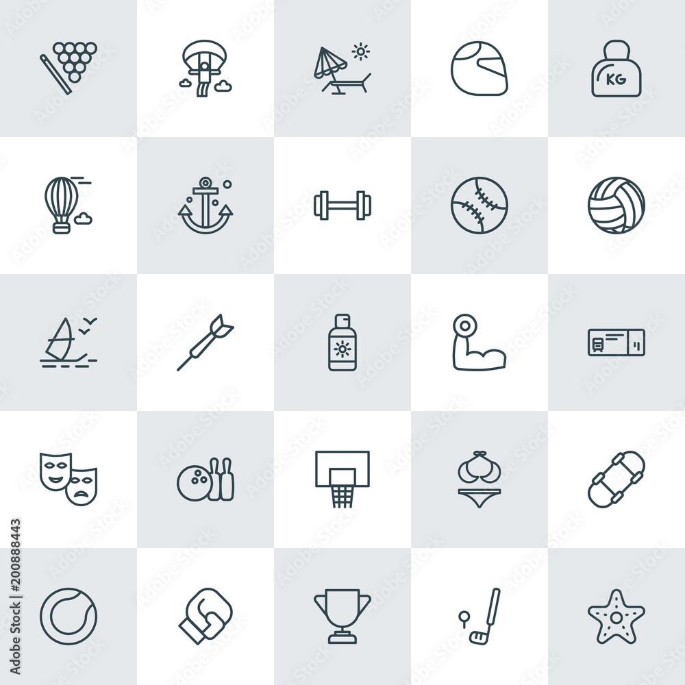 Modern Simple Set of sports, travel Vector outline Icons. ..Contains such Icons as  sea,  skateboard, starfish,  green,  helmet,  fashion and more on white background. Fully Editable. Pixel Perfect.
