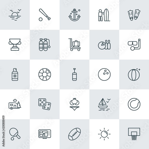 Modern Simple Set of sports, travel Vector outline Icons. ..Contains such Icons as sun, basketball, baseball,  road,  vector, boat,  map and more on white background. Fully Editable. Pixel Perfect.