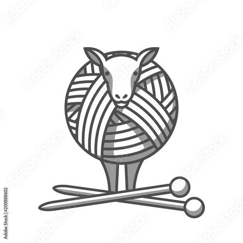 Wool emblem with sheep, tangle of yarn and knitting needles. Label for hand made, knitting or tailor shop