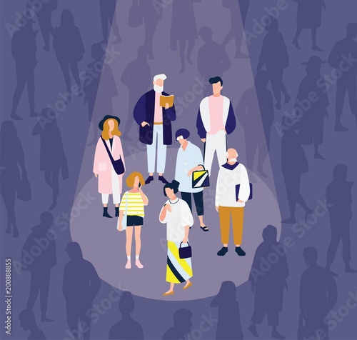 Men and women of various age illuminated by bright spot light against crowd of people in darkness on background. Concept of diverse focus group. Colorful vector illustration in flat cartoon style.
