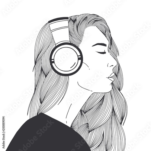 Portrait of beautiful long-haired young woman wearing headphones drawn with black contour lines on white background. Relaxed girl listening to music, side view. Monochrome vector illustration.