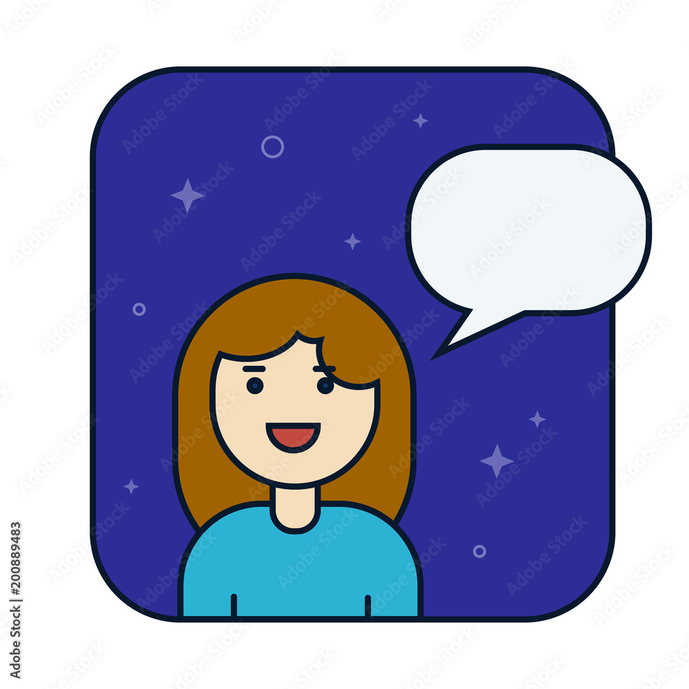 Woman talks, client support, customer help service concept. Line vector icon. Flat linear illustration isolated on blue background Woman talks, client support, customer help service concept. Line vector icon. Flat linear illustration isolated on blue background
