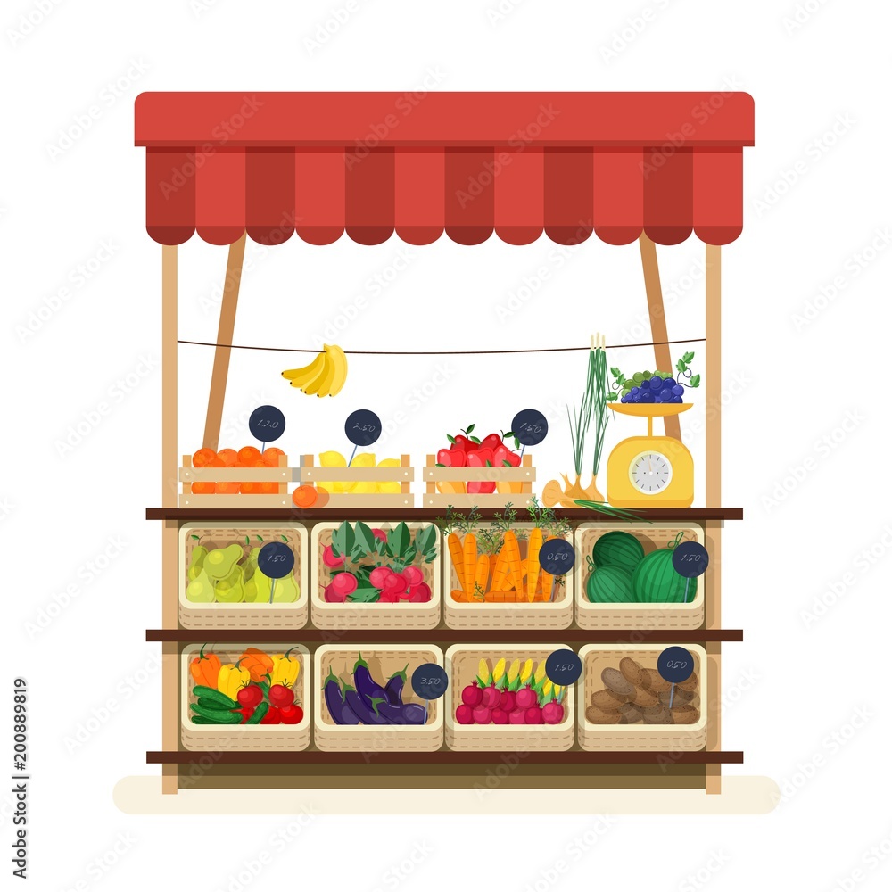 Greengrocer s shop with awning, marketplace or counter with fruits, vegetables and price tags. Place for selling food products on local farmers market. Flat cartoon colorful vector illustration. - obrazy, fototapety, plakaty 