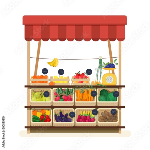 Greengrocer s shop with awning, marketplace or counter with fruits, vegetables and price tags. Place for selling food products on local farmers market. Flat cartoon colorful vector illustration.