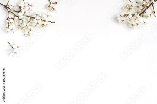 Spring prunus, cherry blossoms on a old white wooden table. Feminine still life floral composition, banner, flat lay, top view.
