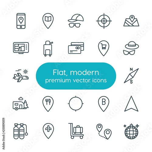 Modern Simple Set of location, travel Vector outline Icons. ..Contains such Icons as center, baggage, scuba, direction, airport, trolley and more on white background. Fully Editable. Pixel Perfect