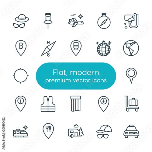 Modern Simple Set of location, travel Vector outline Icons. ..Contains such Icons as  home, holiday,  scuba,  railway, taxi,  baggage,  map and more on white background. Fully Editable. Pixel Perfect