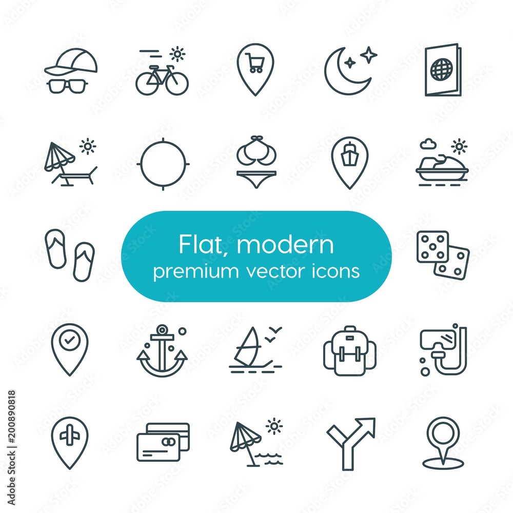 Modern Simple Set of location, travel Vector outline Icons. ..Contains such Icons as  backpack,  vintage,  arrow,  road,  hipster,  gambling and more on white background. Fully Editable. Pixel Perfect