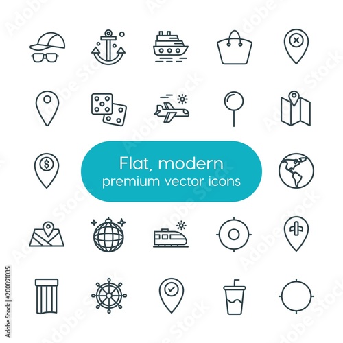 Modern Simple Set of location, travel Vector outline Icons. ..Contains such Icons as  symbol,  drink,  mattress, wheel,  vintage,  ship, map and more on white background. Fully Editable. Pixel Perfect