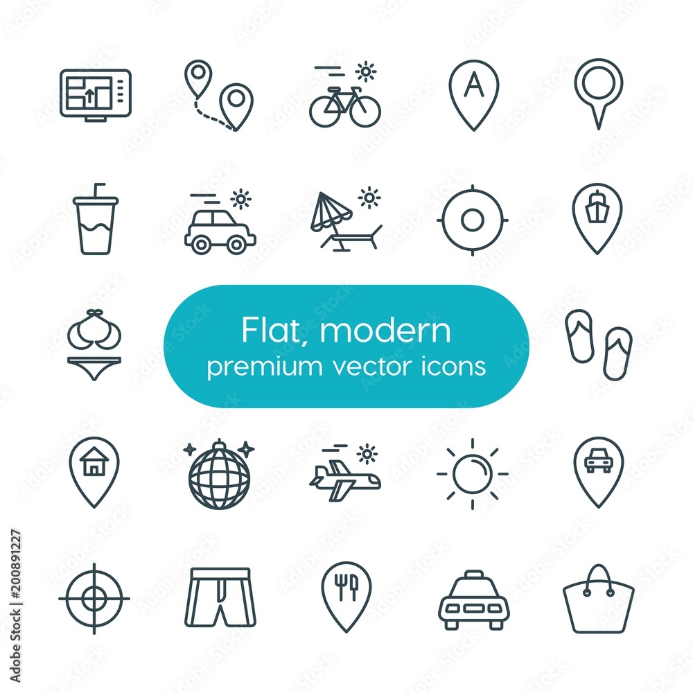 Modern Simple Set of location, travel Vector outline Icons. ..Contains such Icons as soda,  sign, map,  race,  style,  arrow,  road, shorts and more on white background. Fully Editable. Pixel Perfect