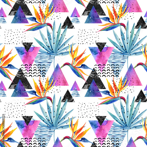 Watercolor exotic flowers, leaves, grunge textures, doodles seamless pattern ...