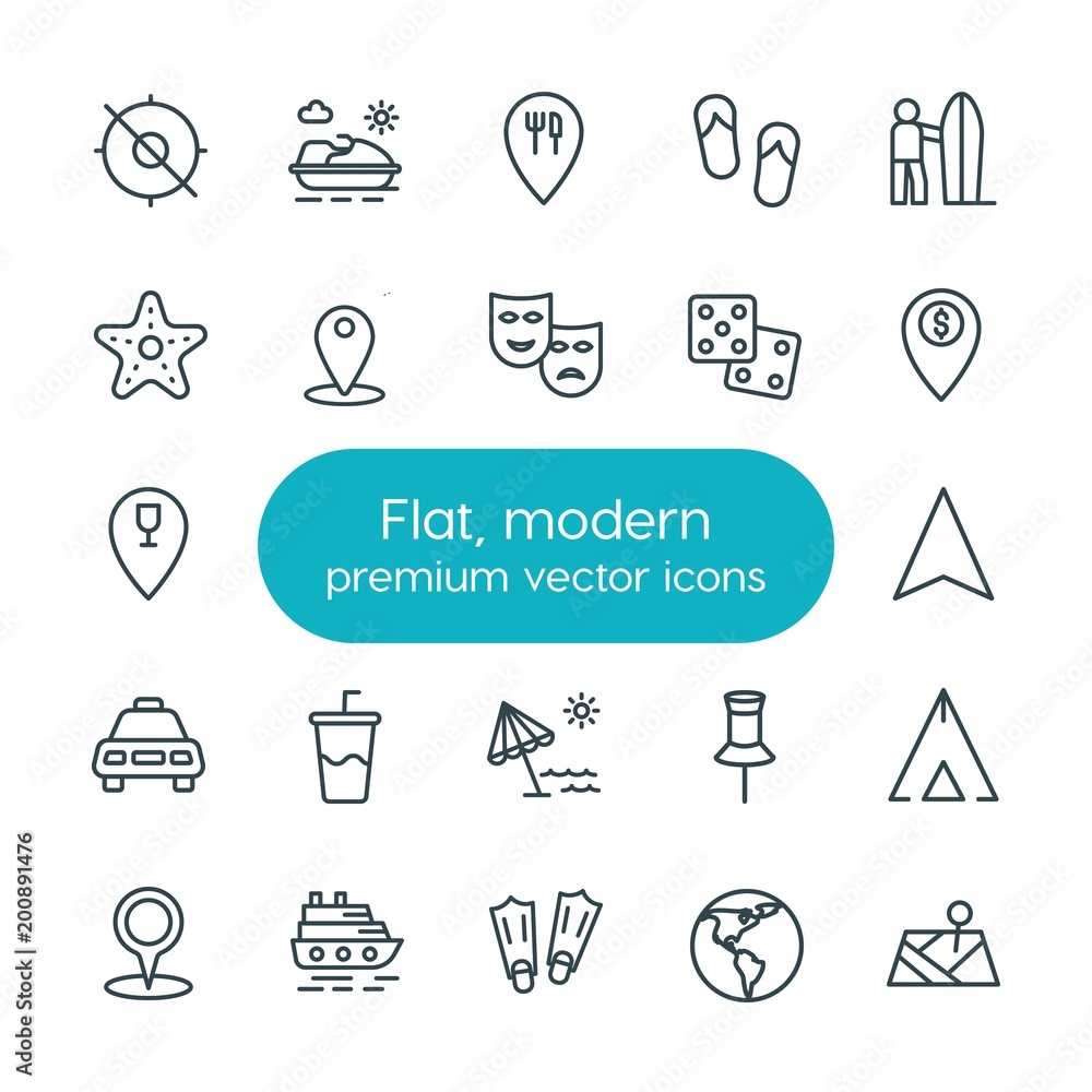 Fototapeta premium Modern Simple Set of location, travel Vector outline Icons. ..Contains such Icons as sea, cruise, water, activity, sign, location, map and more on white background. Fully Editable. Pixel Perfect