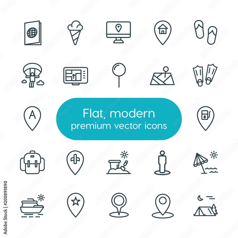 Modern Simple Set of location, travel Vector outline Icons. ..Contains such Icons as passport, shoes, location, map, gas, summer, sea and more on white background. Fully Editable. Pixel Perfect Modern Simple Set of location, travel Vector outline Icons. ..Contains such Icons as passport, shoes, location, map, gas, summer, sea and more on white background. Fully Editable. Pixel Perfect