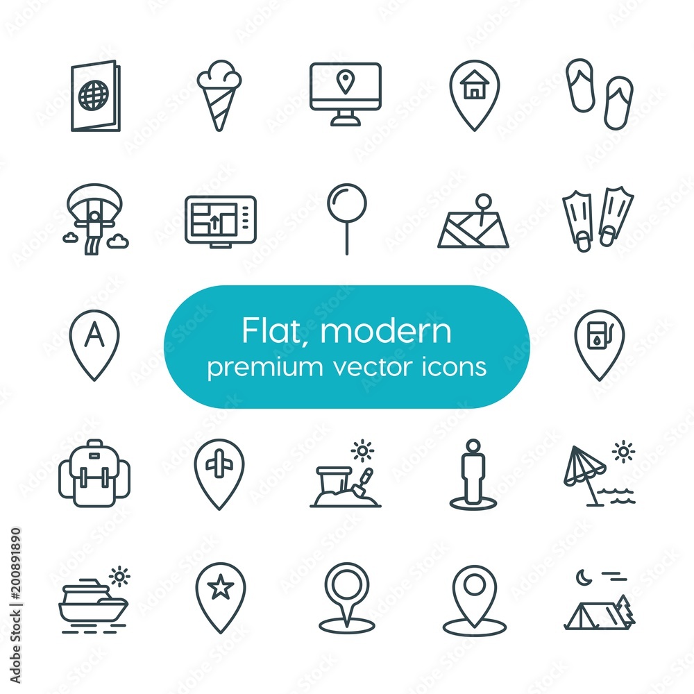 Modern Simple Set of location, travel Vector outline Icons. ..Contains such Icons as passport,  shoes,  location,  map,  gas,  summer,  sea and more on white background. Fully Editable. Pixel Perfect