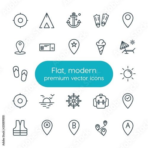 Modern Simple Set of location, travel Vector outline Icons. ..Contains such Icons as illustration, location, tent, delete, underwater and more on white background. Fully Editable. Pixel Perfect