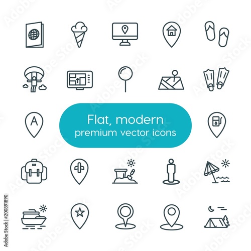 Modern Simple Set of location, travel Vector outline Icons. ..Contains such Icons as passport, shoes, location, map, gas, summer, sea and more on white background. Fully Editable. Pixel Perfect