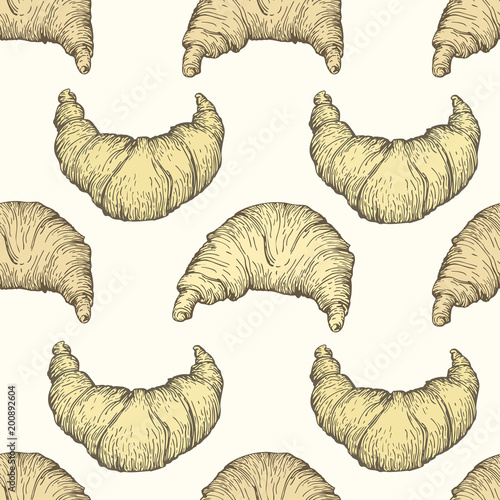 Seamless vector pattern with croissant. Fresh baking food. Croissant vintage background. Hand drawn pastry illustration.