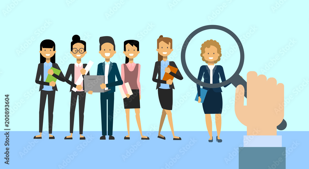 Recruit Hand Hold Magnifying Glass Choosing Business Woman For Vacancy Job Position Human Resources And Recruitment Concept Flat Vector Illustration