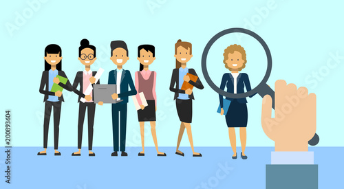 Recruit Hand Hold Magnifying Glass Choosing Business Woman For Vacancy Job Position Human Resources And Recruitment Concept Flat Vector Illustration