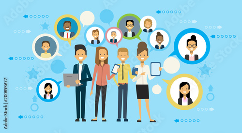 Group Of Business People Communicate Using Smart Phone< Digital Tablet And Laptop Computer Flat Vector Illustration