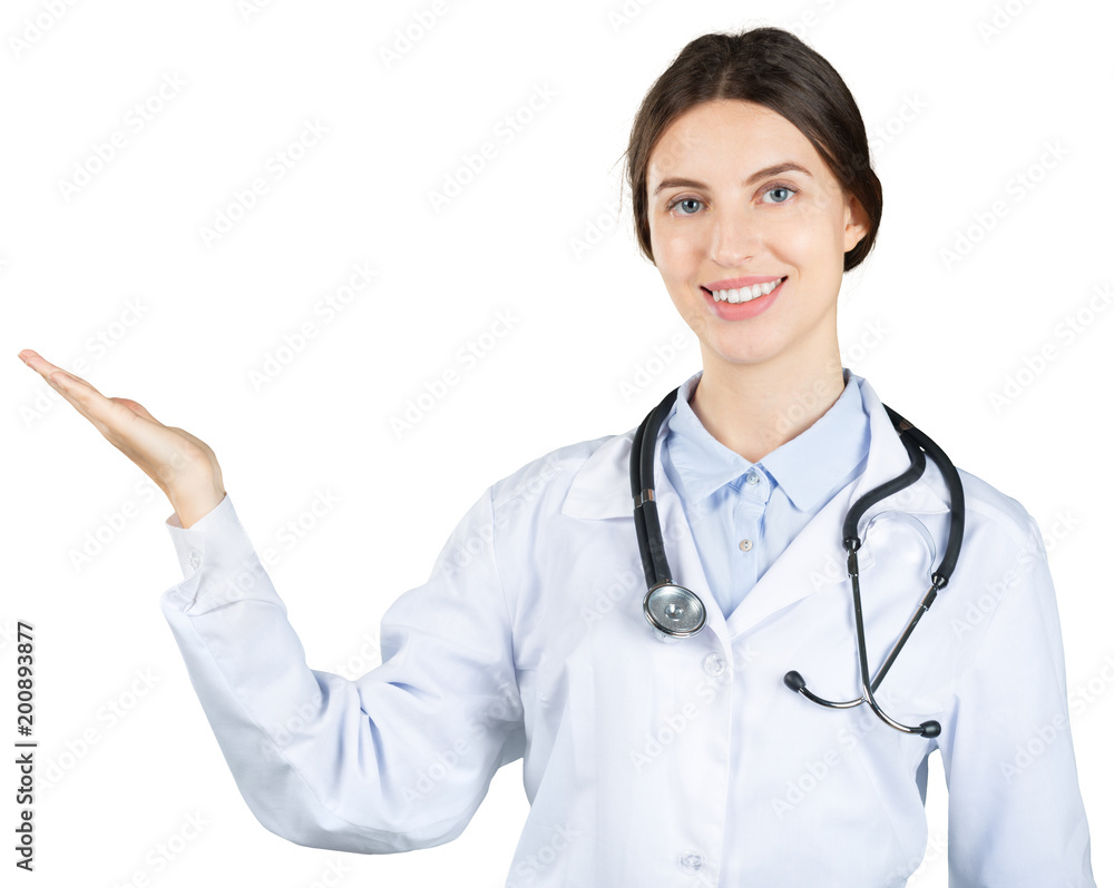 Young woman doctor making presentation isolated on white background Young woman doctor making presentation isolated on white background