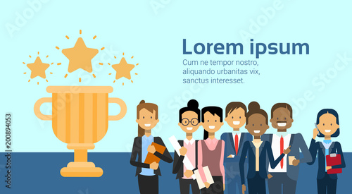 Group Of Successful Business People Winners Over Golden Cup Background With Copy Space Flat Vector Illustration