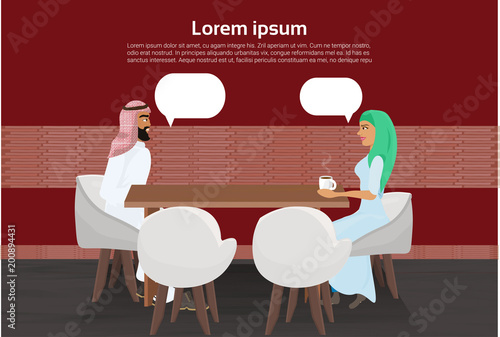 Arab Man And Woman Drinking Coffee In Modern Cafe Talking Over Copy Space Background Flat Vector Illustration