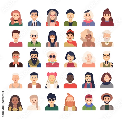Collection of male and female cartoon characters or avatars dressed in fashionable clothing, with various hairstyles and accessories isolated on white background. Vector illustration in flat style.