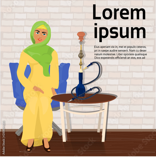 Arab Woman Smoking Hookah Sitting At Table Over Background With Copy Space Vector Illustration