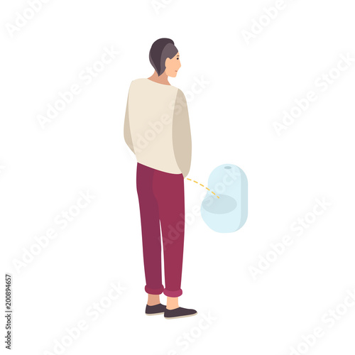 Young guy standing and peeing into urinal isolated on white background. Male flat cartoon character urinating in men s toilet, lavatory, loo, restroom or WC. Modern colorful vector illustration.
