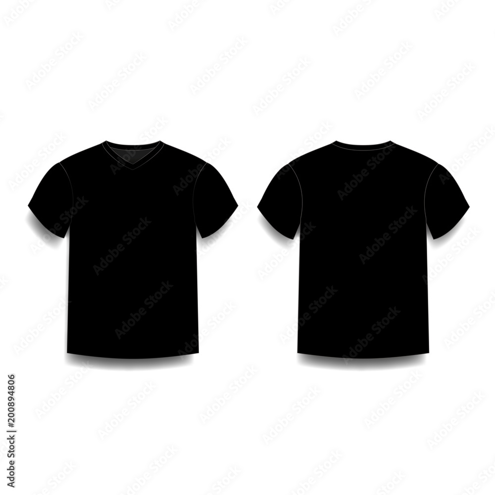 Black male t-shirt template v-neck front and back side views. Stock ...