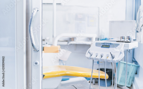 Dentist interior workplace with dentistry medical equipment