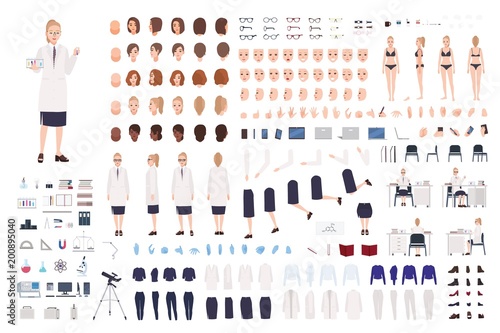 Female scientist constructor or scientific laboratory DIY kit. Collection of women body parts, facial expressions, hairstyles, clothing isolated on white background. Flat cartoon vector illustration.