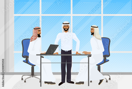 Arab Business People Brainstorming Meeting In Modern Office With Laptop Computers Vector Illustration