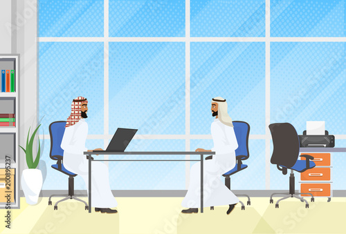 Arab Business Men Meeting, Two Muslim Businessman Interview Or Brainstorming Communication Concept Vector Illustration