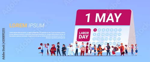 Labor Day Poster With Group Of People Of Different Occupations Standing Calender With 1 May Date Background Flat Vector Illustration