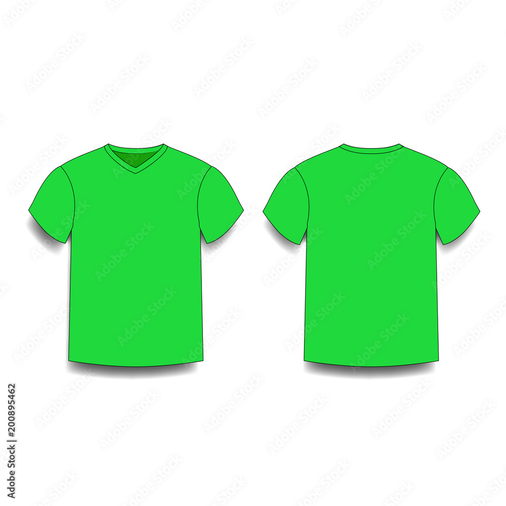 Green male t-shirt template v-neck front and back side views. Stock ...
