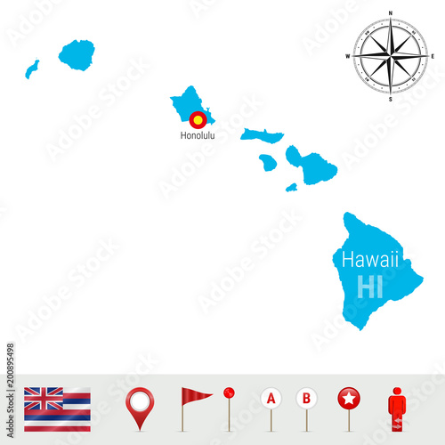 Hawaii Vector Map Isolated on White Background. High Detailed Silhouette of Hawaii State. Official Flag of Hawaii