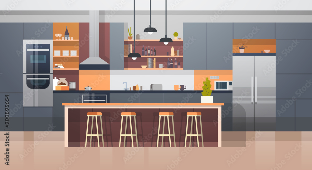 Kitchen Room Interior With Modern Furniture Counter And Appliances Flat Vector Illustration
