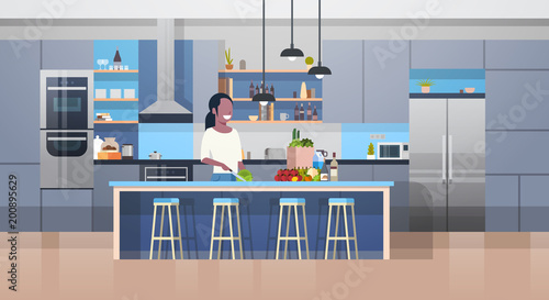 Modern Kithcen Interior And Young African American Woman Cooking Salad Flat Vector Illustration