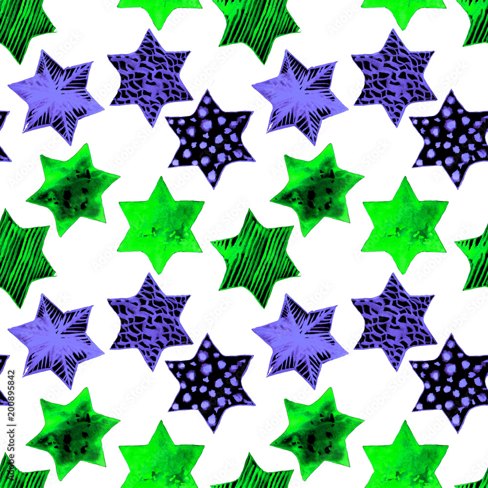 Obraz premium Seamless Watercolor Stars Pattern. Magic Festive Background. Hand Drawn Doodle Stars. Baby Design. Abstract Rapport for Wallpaper, Textile, Linen, Wrapping, Posters, Cards, Banner. New Year, Birthday 